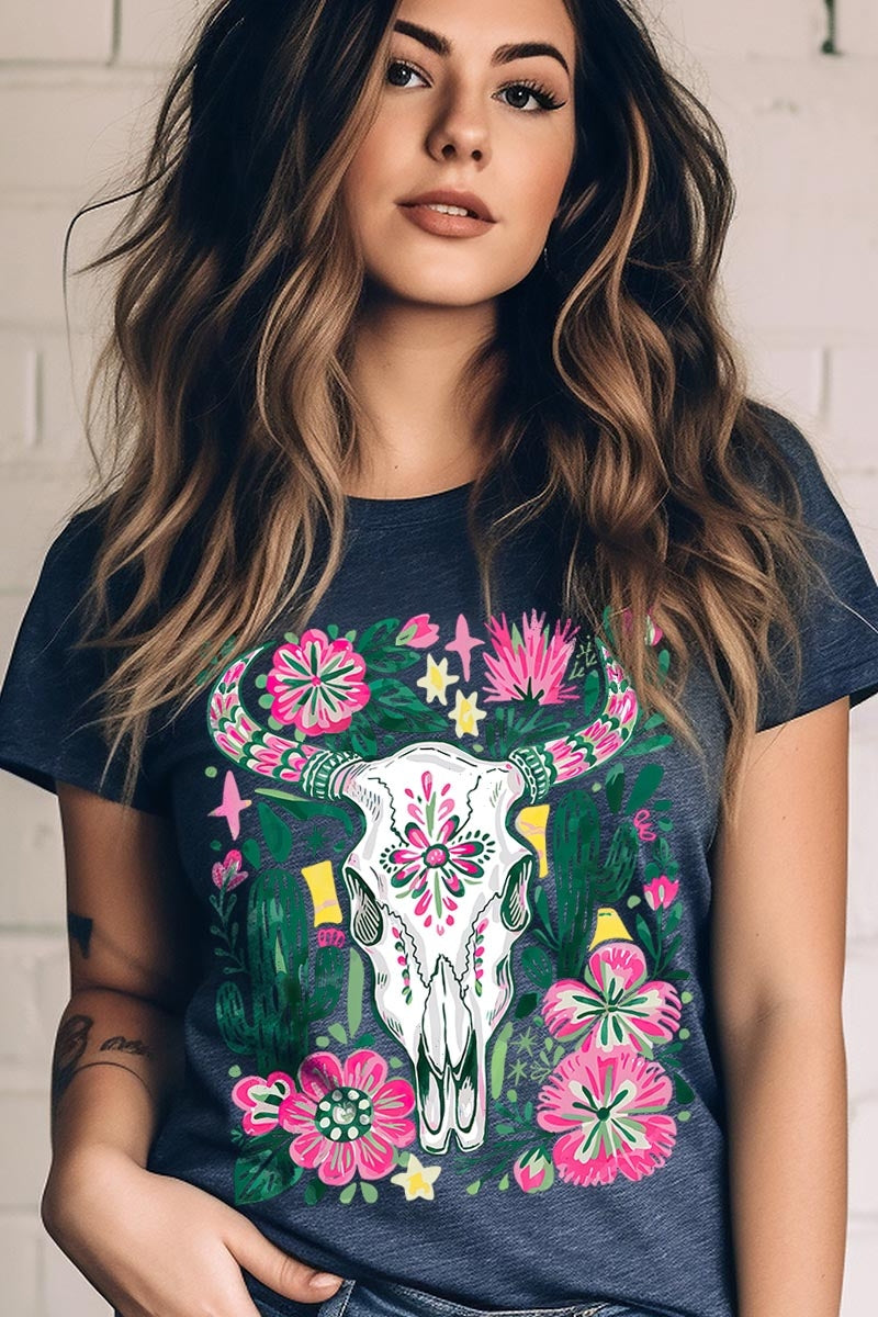 US3001P-E3086 Western Floral Cow Skull Graphic Plus Tee $16