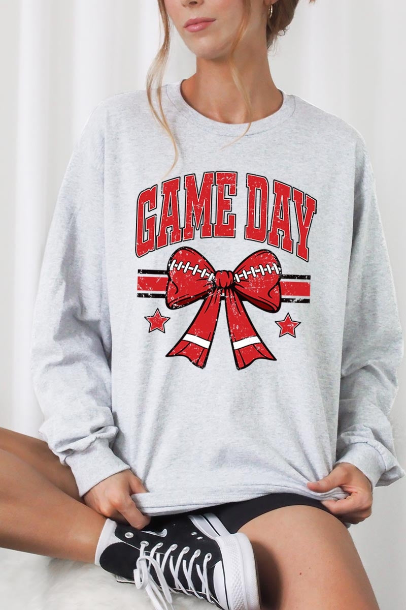 UL240P-E3062 Red Game Day Football Bow Plus Long Sleeve Tee $17