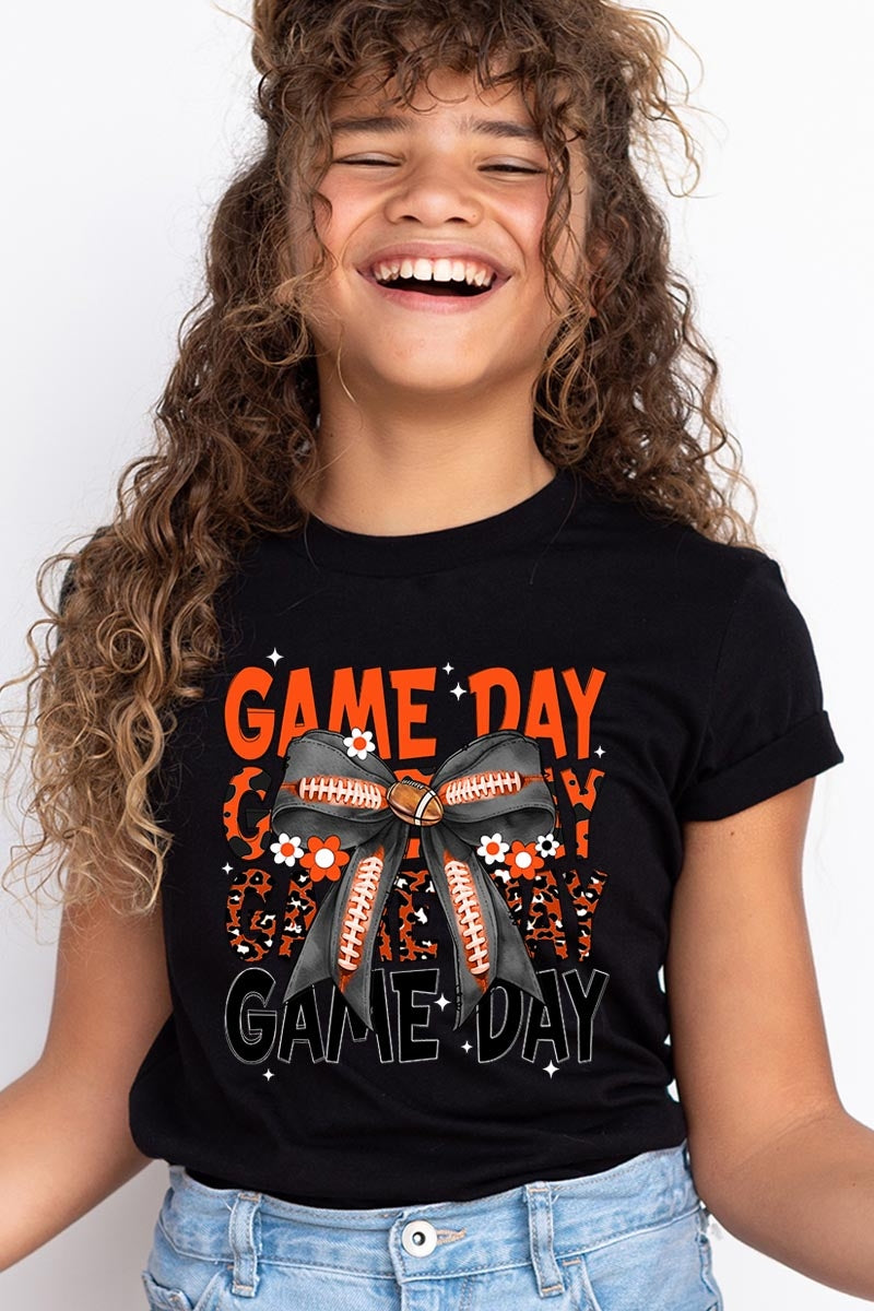 US3001Y-E3088Z Orange Black Football Game Day Bow Kids Tee $11