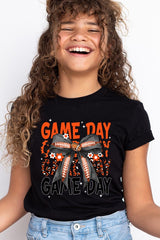 US3001Y-E3088Z Orange Black Football Game Day Bow Kids Tee $11