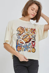 CTS-E3072 Retro Floral Football Graphic Relaxed Crop Top $11