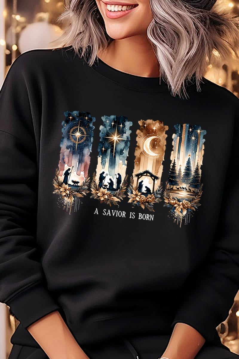 UL180P-E3204 Savior Is Born Nativity Graphic Plus Sweatshirt $25