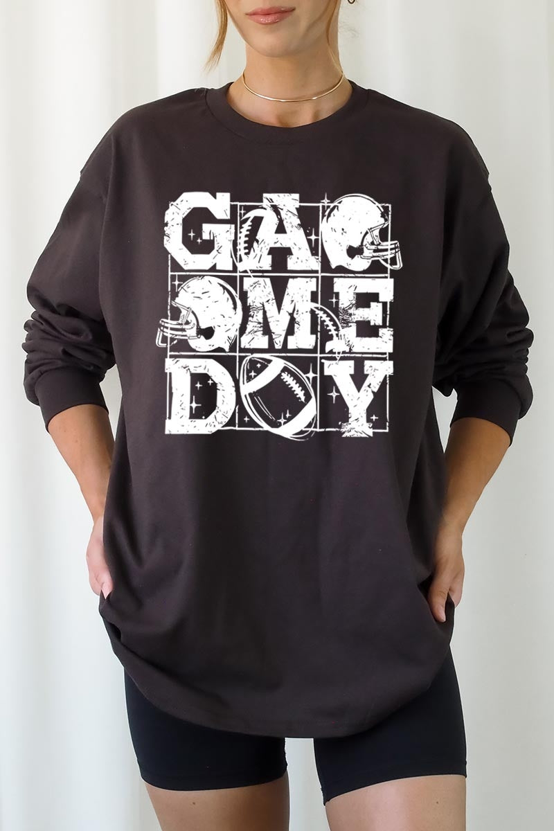 UL240P-E3073 Distressed Game Day Graphic Plus Long Sleeve Tee $17