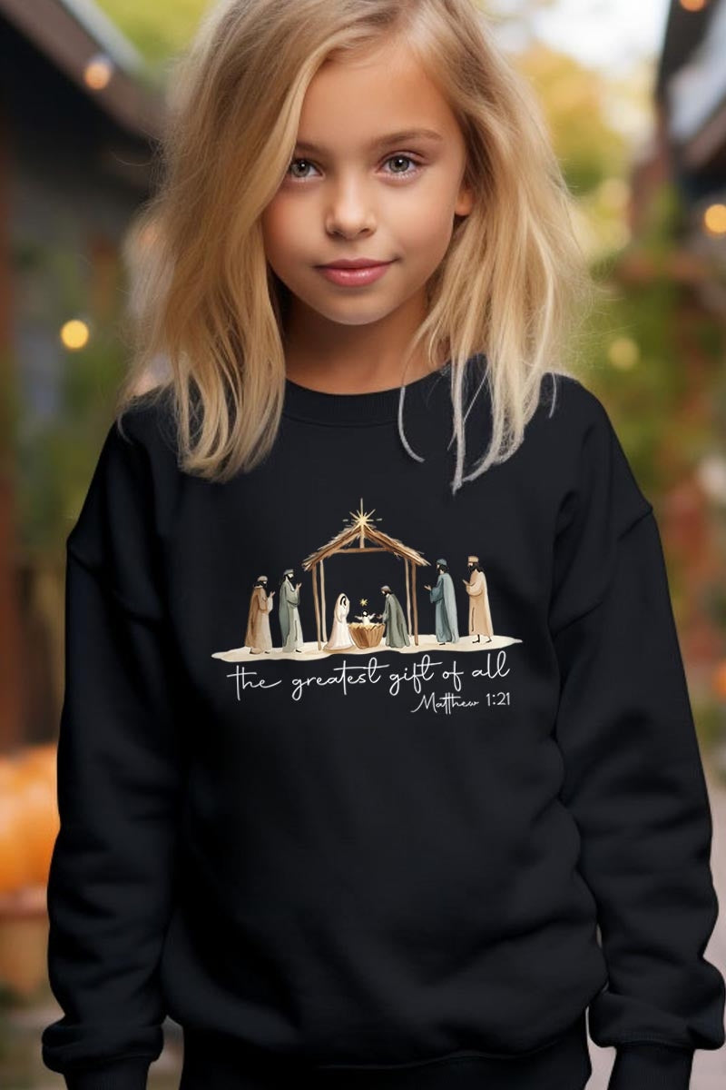 UL180B-E3183Z Nativity Gift Kids Graphic Sweatshirt $20