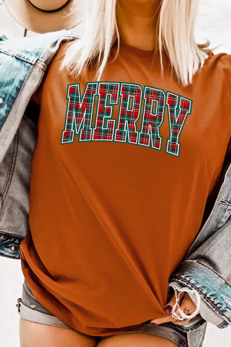 US3001-E3210 Classic Plaid Merry Graphic Tee $12.5