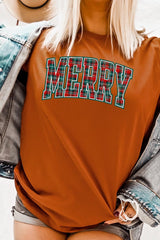 US3001-E3210 Classic Plaid Merry Graphic Tee $12.5