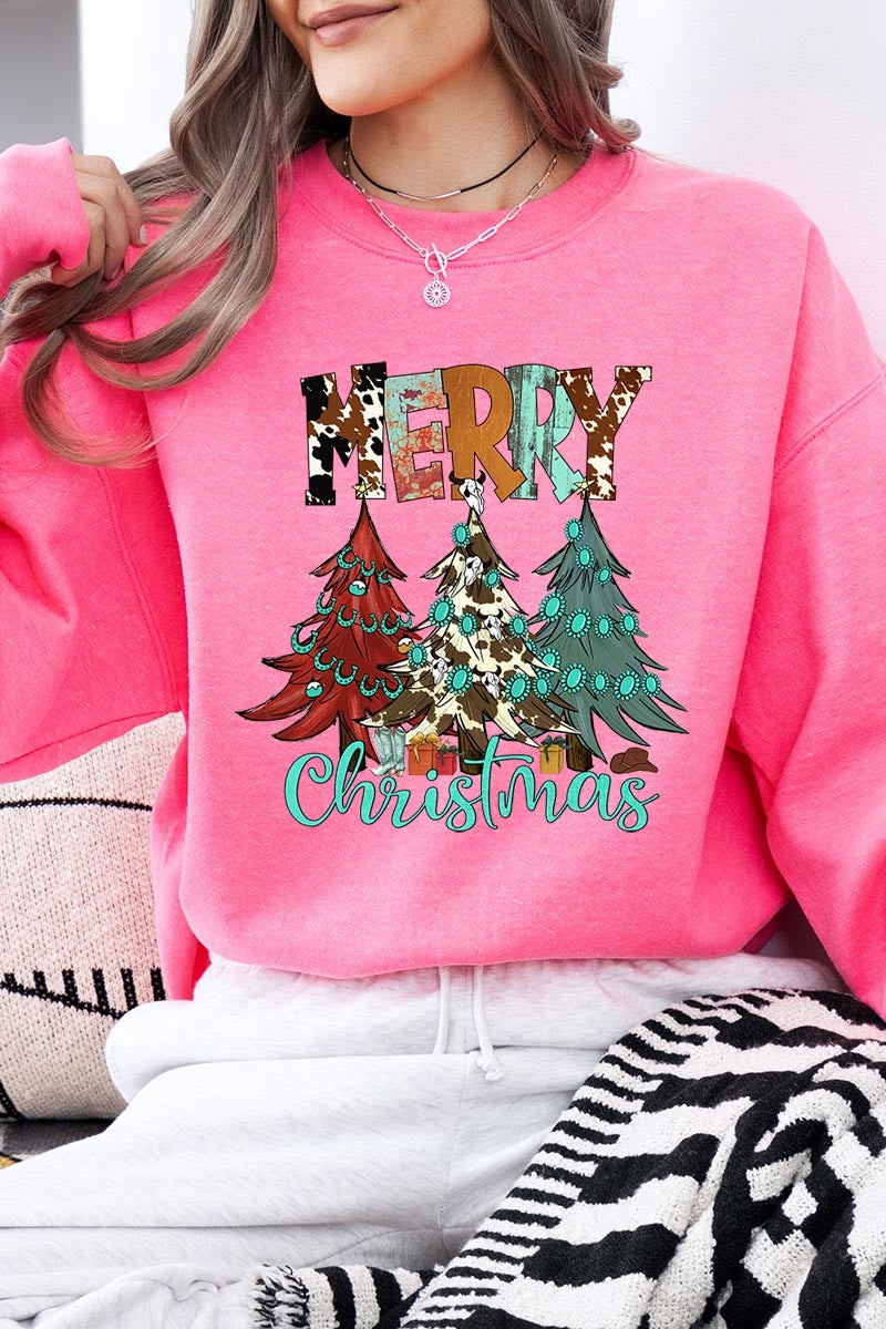 UL180P-E3200 Merry Christmas Trees Graphic Plus Sweatshirt $25