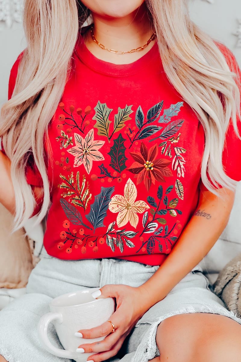 US3001P-E3186 Floral Christmas Graphic Plus Tee $16