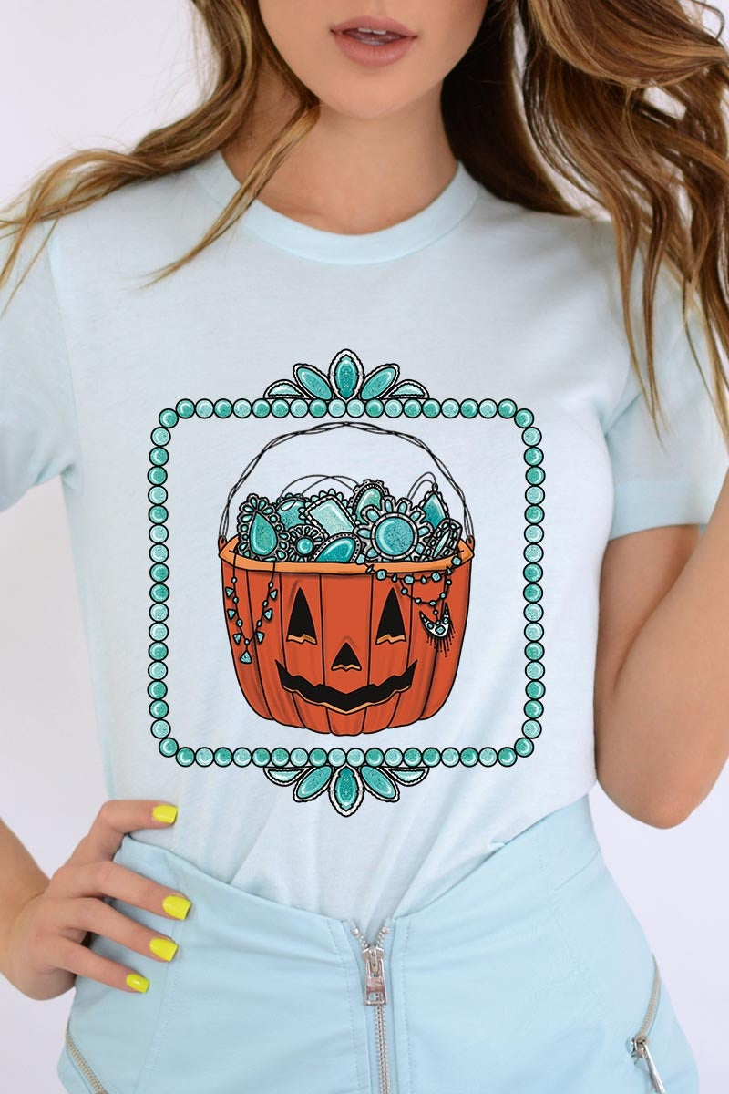 US3001P-E3140 Halloween turquoise pumpkin Graphic Plus Tee $16
