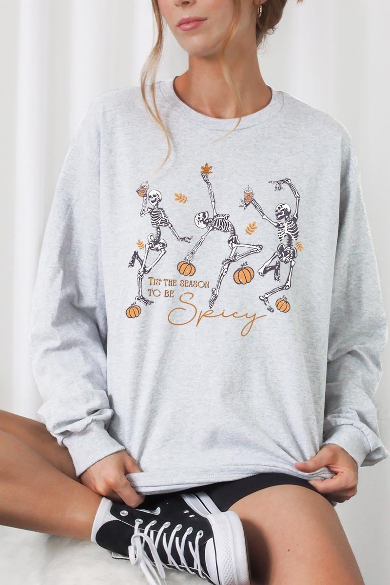 UL240-E3123 Halloween Skeleton Graphic Long Sleeve Tee $13.75