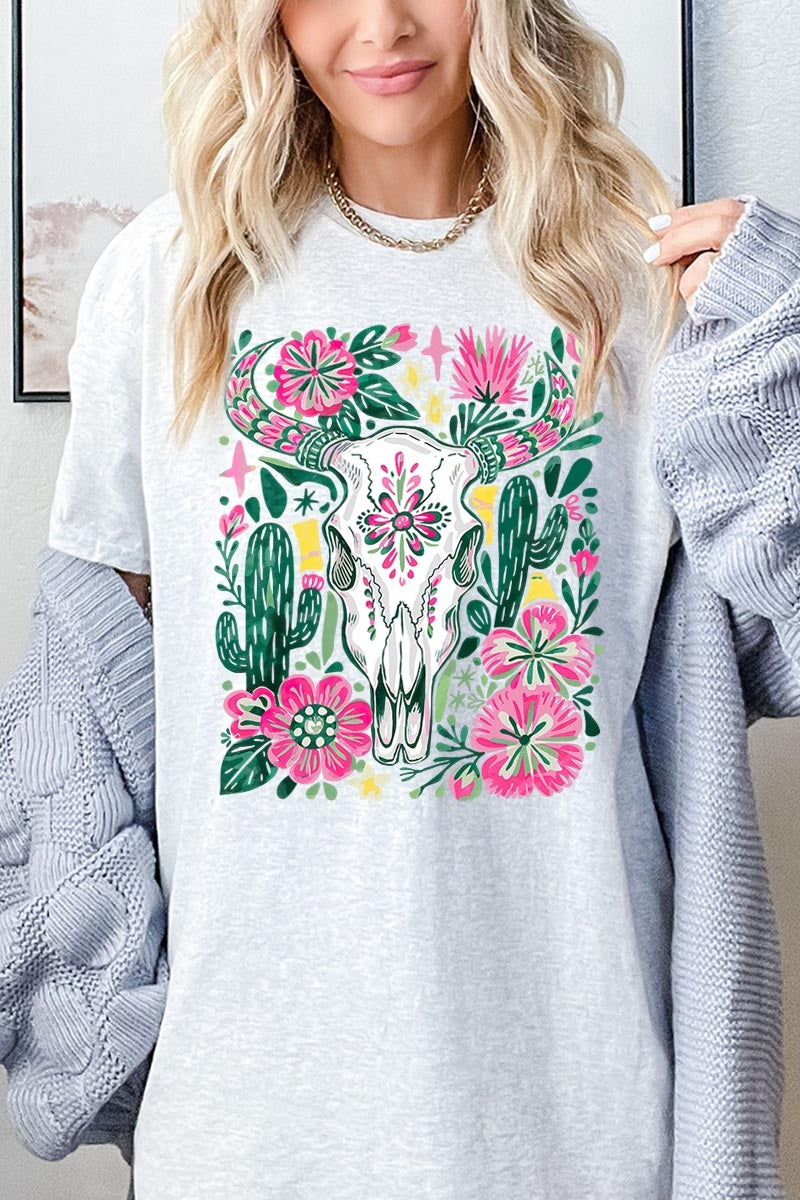 5000P-E3086 Western Floral Cow Skull Plus Heavy Cotton Tee $12.75