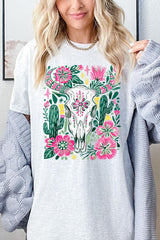 5000-E3086 Western Floral Cow Skull Graphic Heavy Cotton Tee $9