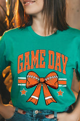 US3001-E3064 Orange Game Day Football Bow Graphic Tee $12.5