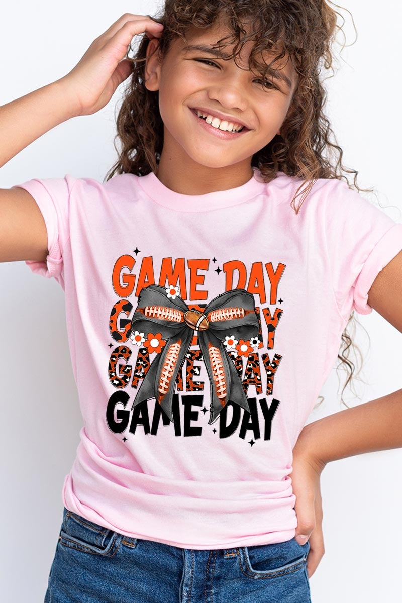 US3001Y-E3088Z Orange Black Football Game Day Bow Kids Tee $11