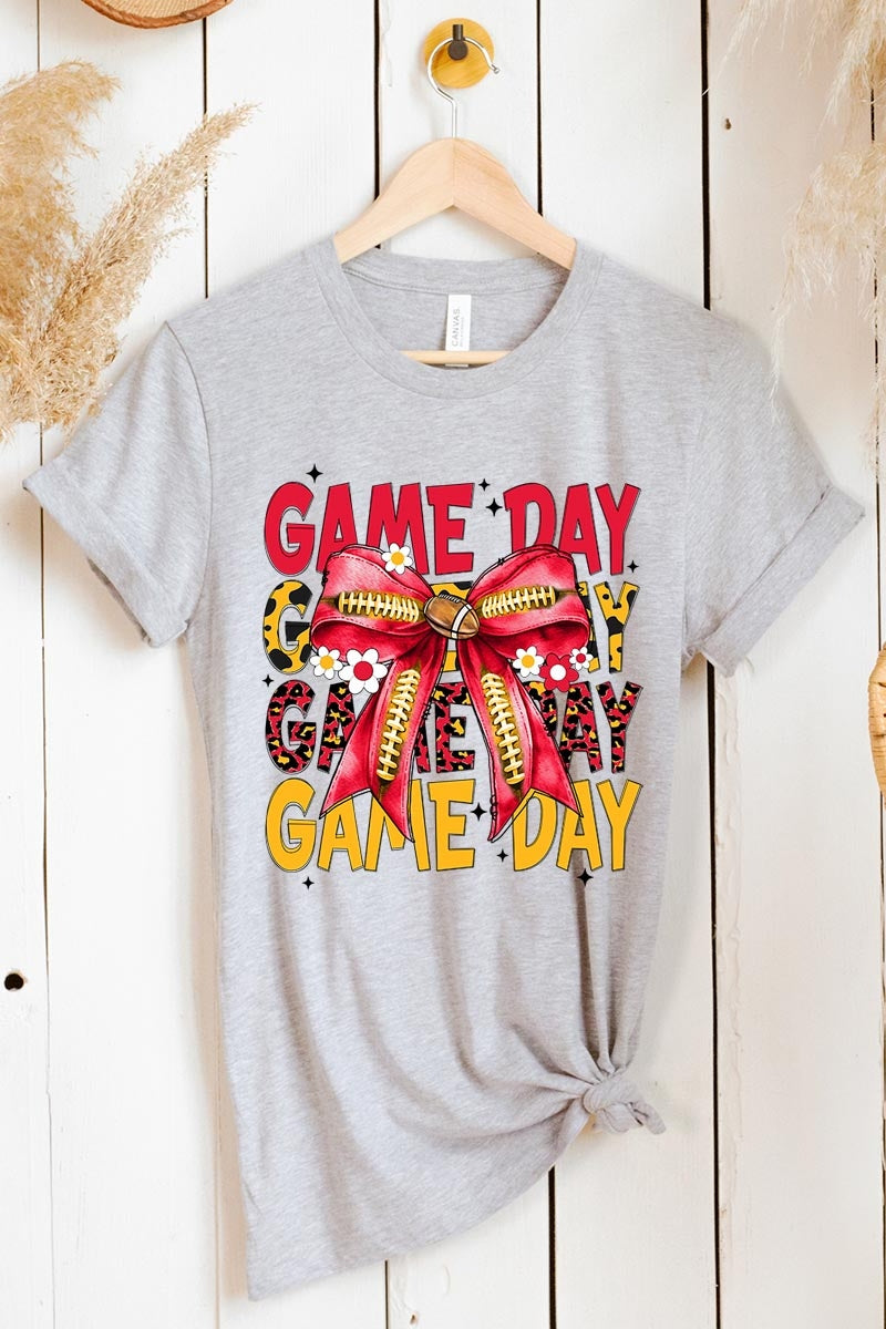 US3001P-E3091 Red Yellow Football Game Day Bow Graphic Plus Tee $16