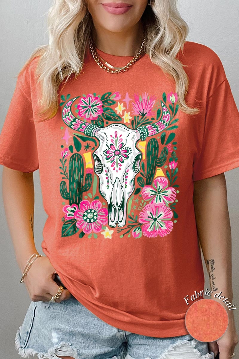 5000P-E3086 Western Floral Cow Skull Plus Heavy Cotton Tee $12.75