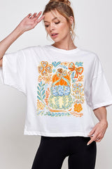 CTS-E3153 Floral Pumpkin Stack Graphic Relaxed Crop Top $11