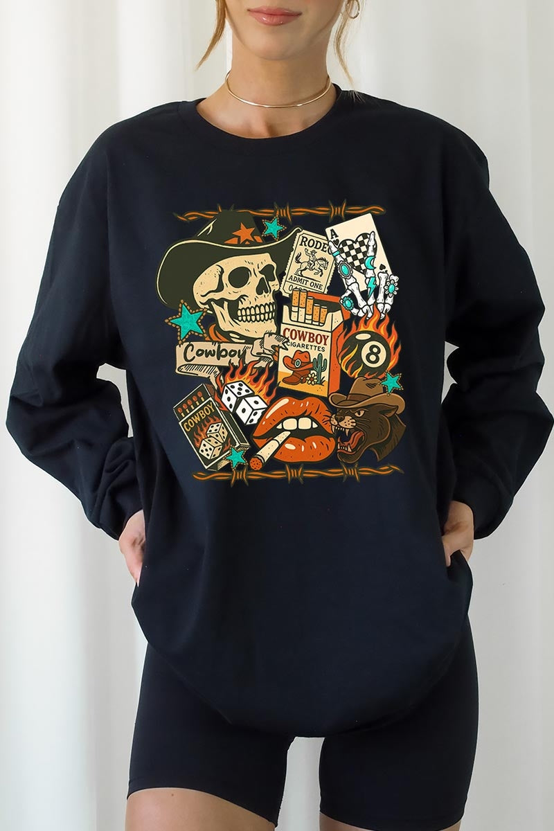 UL240-E3096 Vintage Western Collage Graphic Long Sleeve Tee $13.75