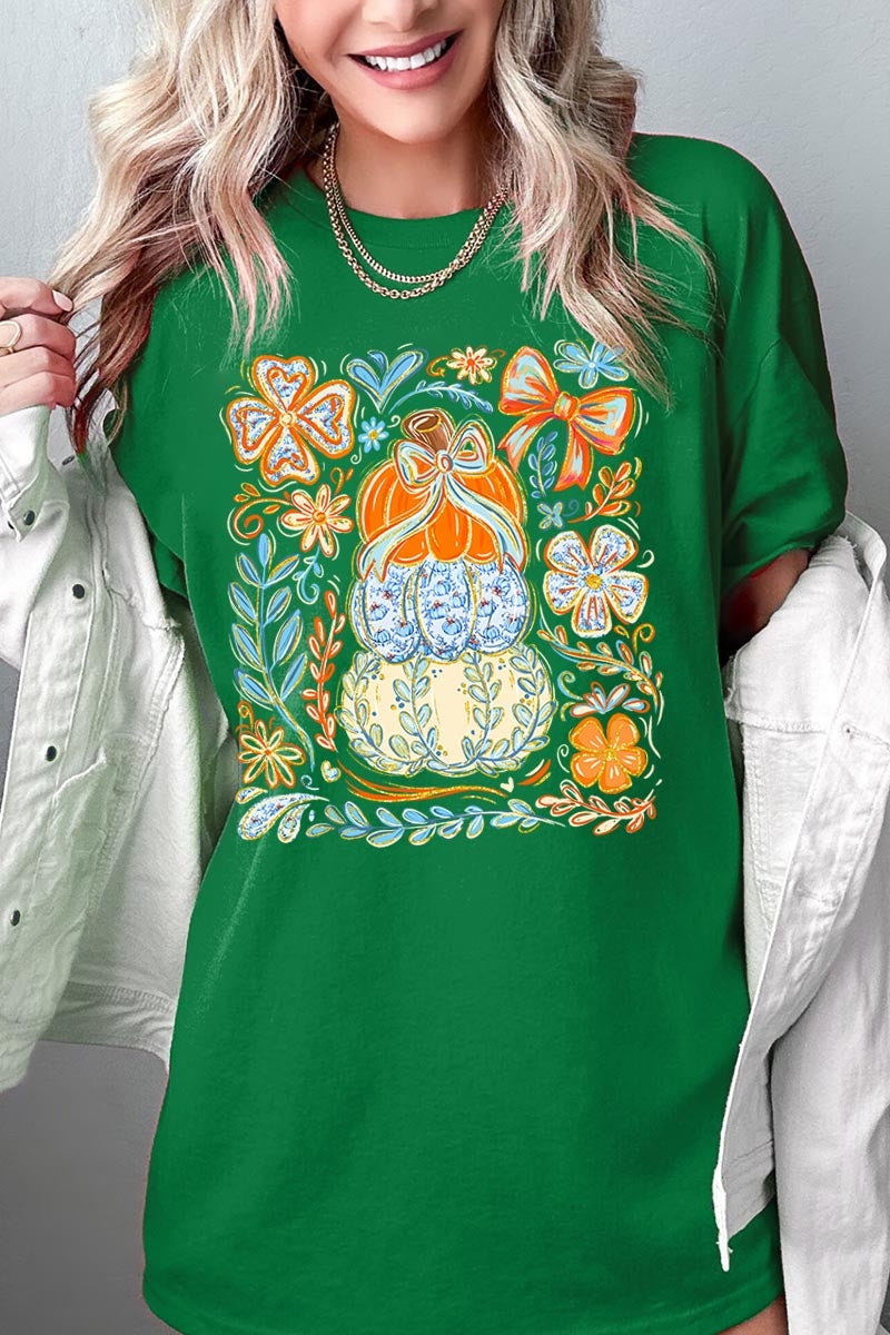 5000-E3153 Floral Pumpkin Stack Graphic Heavy Cotton Tee $9