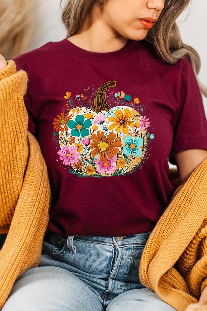 US3001-E3118 Floral Pumpkin Graphic Tee $12.5