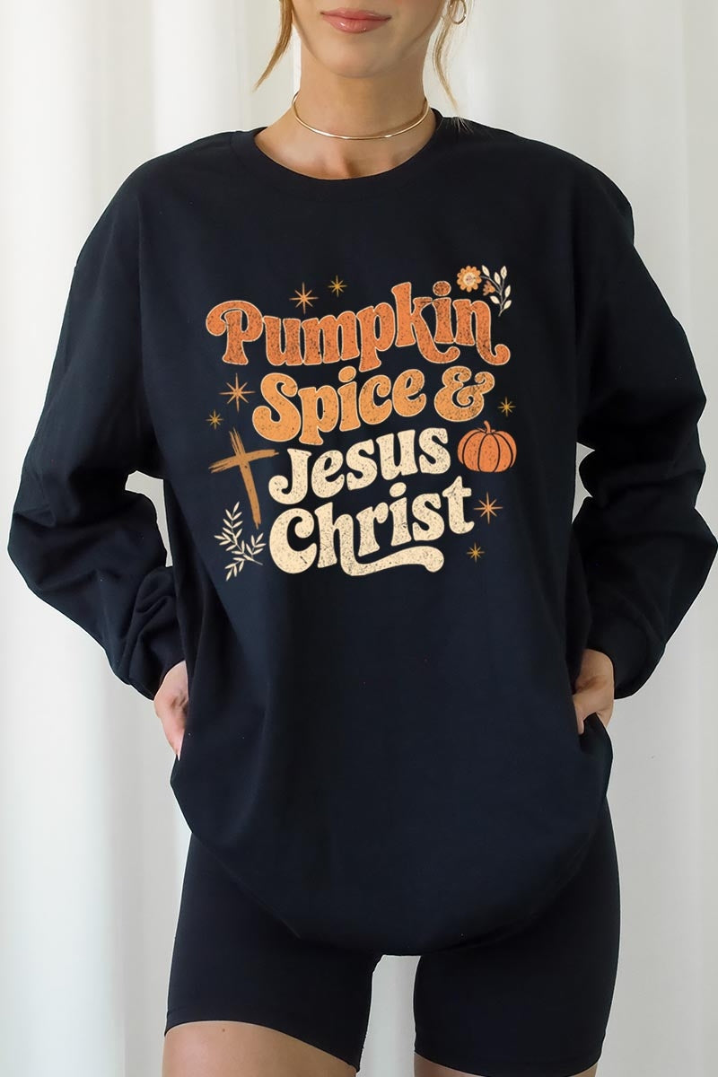 UL240P-E3164 Pumpkin Spice & Jesus Graphic Plus Long Sleeve Tee $17