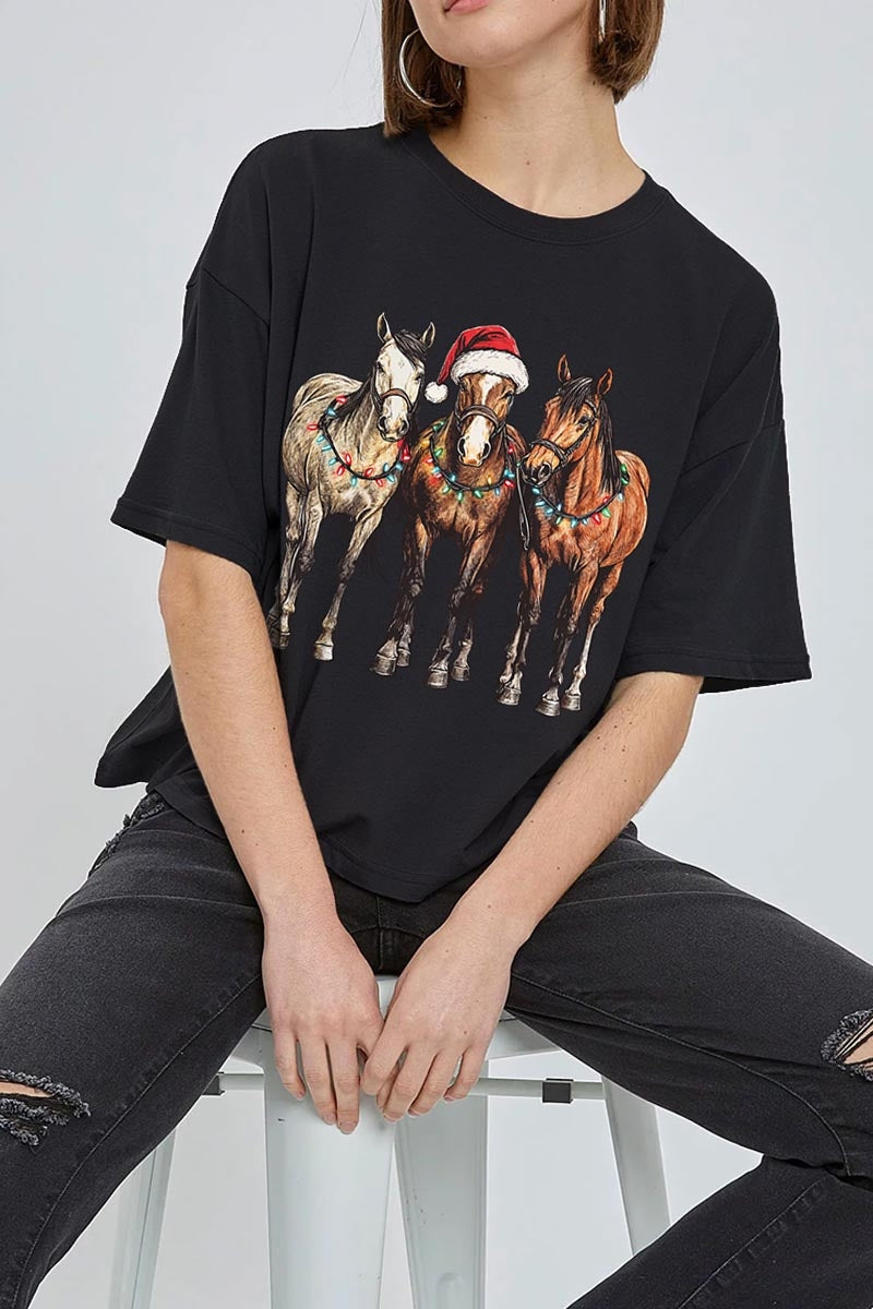 CTS-E3182 Christmas Horses Graphic Relaxed Crop Top $11