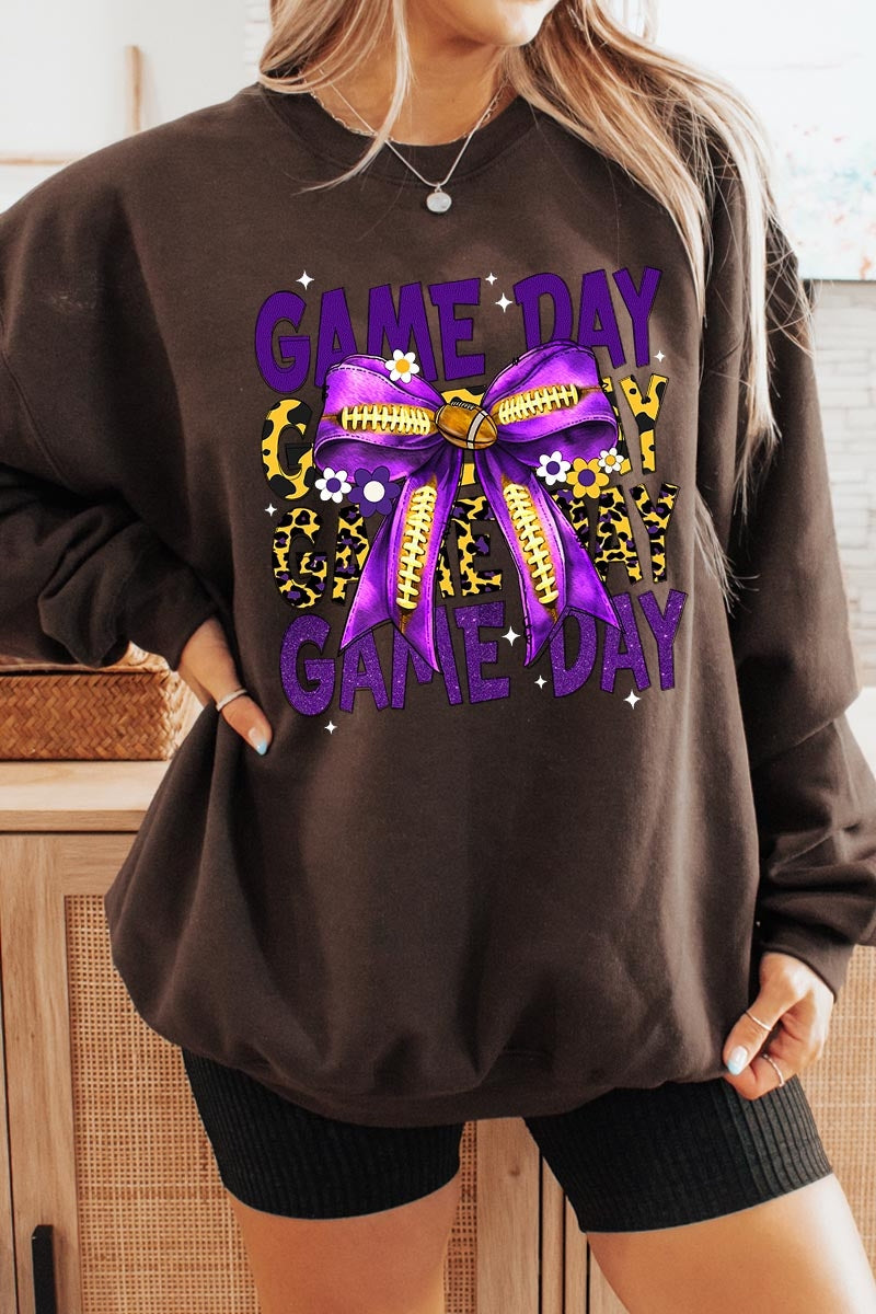 UL180P-E3092 Purple Yellow Football GameDay Bow Plus Sweatshirt $25