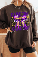UL180P-E3092 Purple Yellow Football GameDay Bow Plus Sweatshirt $25