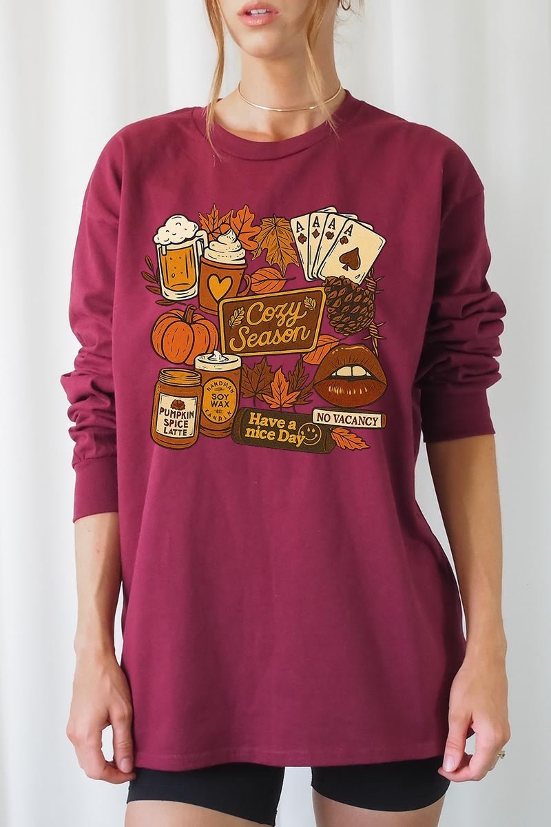 UL240-E3119 Retro Fall Collage Graphic Long Sleeve Tee $13.75