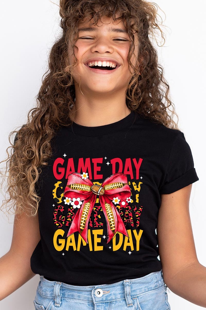 US3001Y-E3091Z Red Yellow Football Game Day Bow Kids Graphic Tee $11