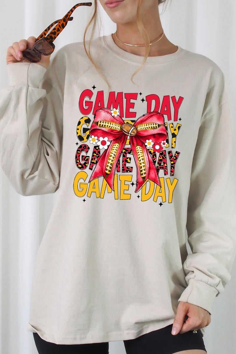 UL240-E3091 Red Yellow Football Game Day Bow Long Sleeve Tee $13.75