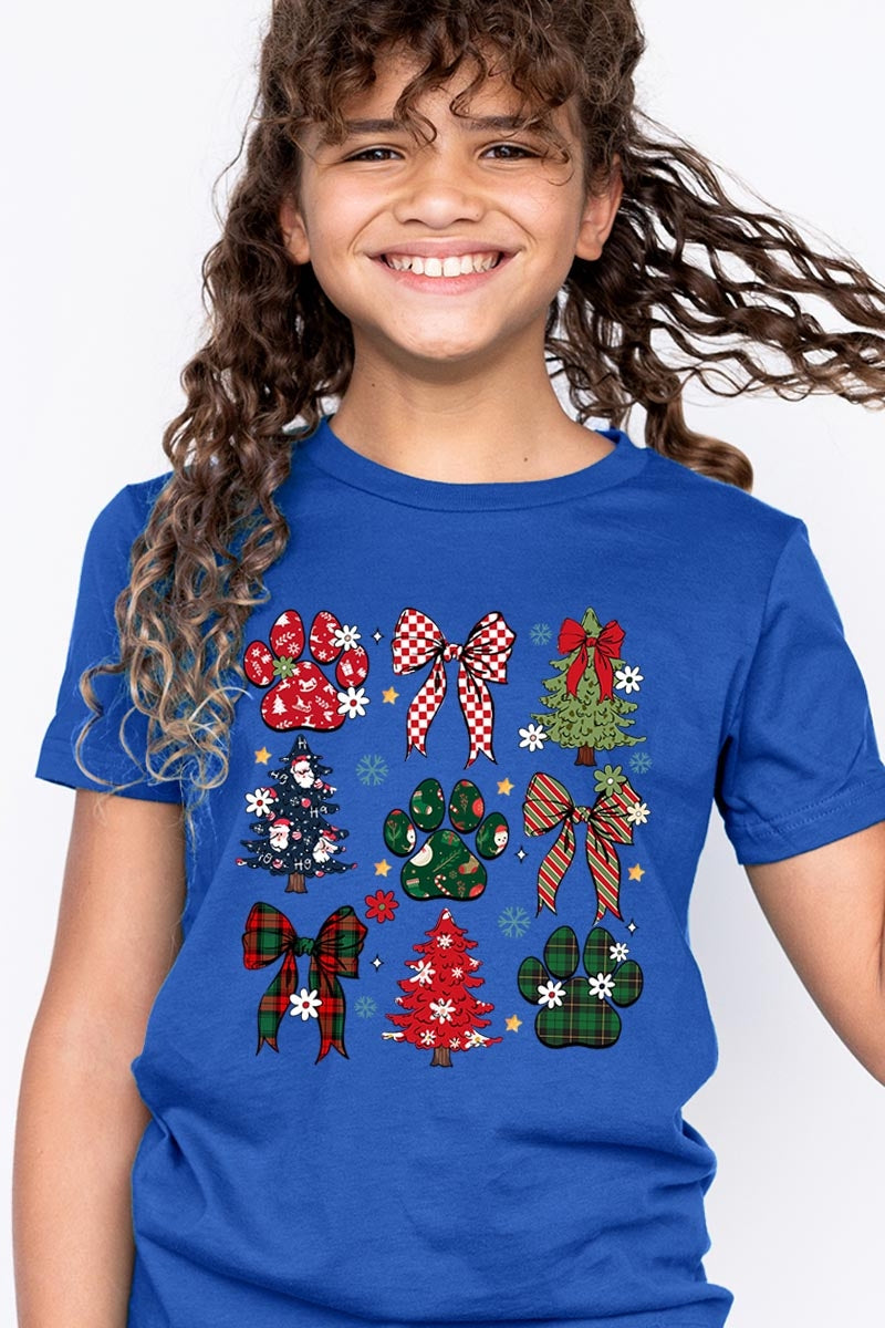 US3001Y-E3195Z Christmas Bow Paw Kids Graphic Tee $11