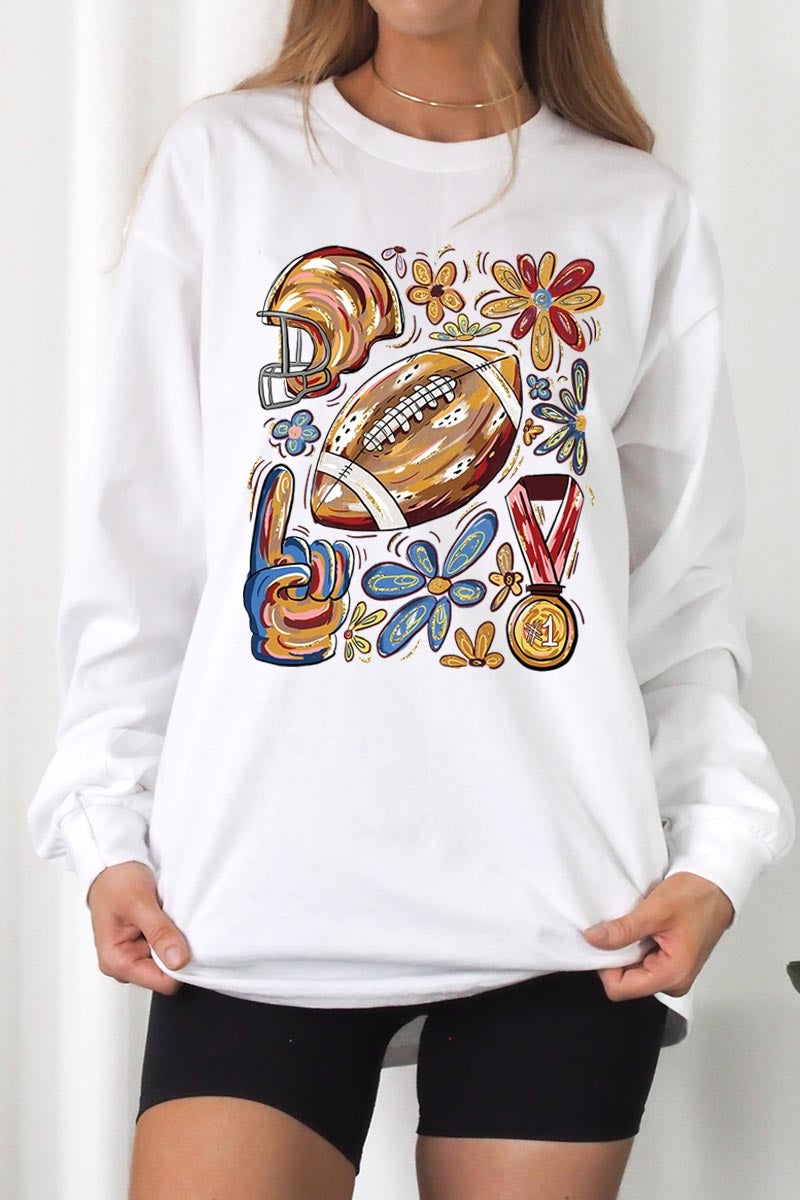 UL240-E3072 Retro Floral Football Graphic Long Sleeve Tee $13.75