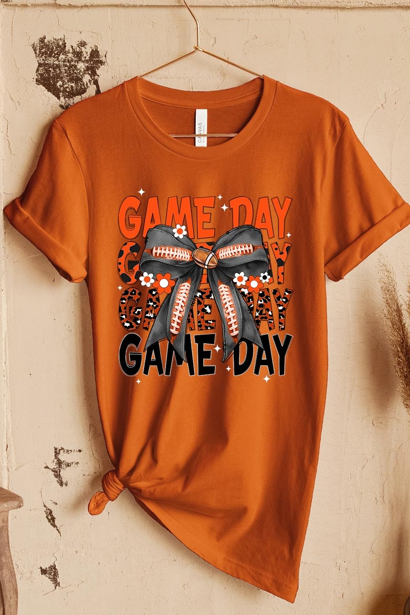 US3001-E3088 Orange Black Football Game Day Bow Graphic Tee $12.5