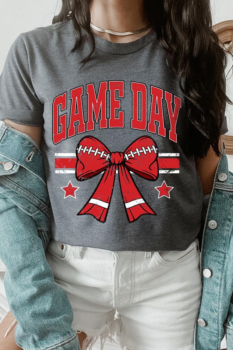 US3001-E3062 Red Game Day Football Bow Graphic Tee $12.5