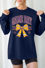 UL240P-E3063 Purple Game Day Football Bow Plus Long Sleeve Tee $17