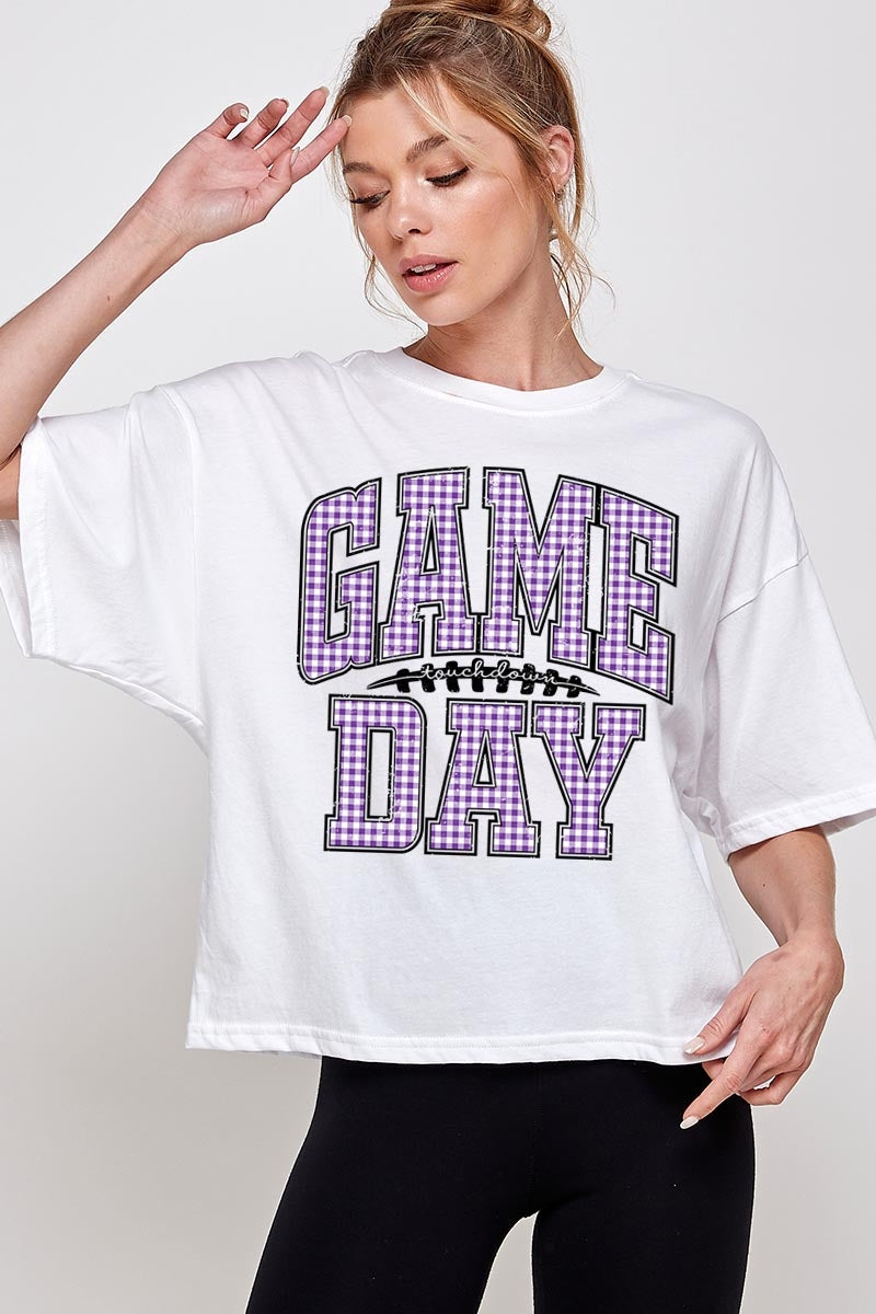 CTS-E3127 Purple Gingham Game Day Graphic Relaxed Crop Top $11