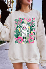 UL180P-E3086 Western Floral Cow Skull Graphic Plus Sweatshirt $25