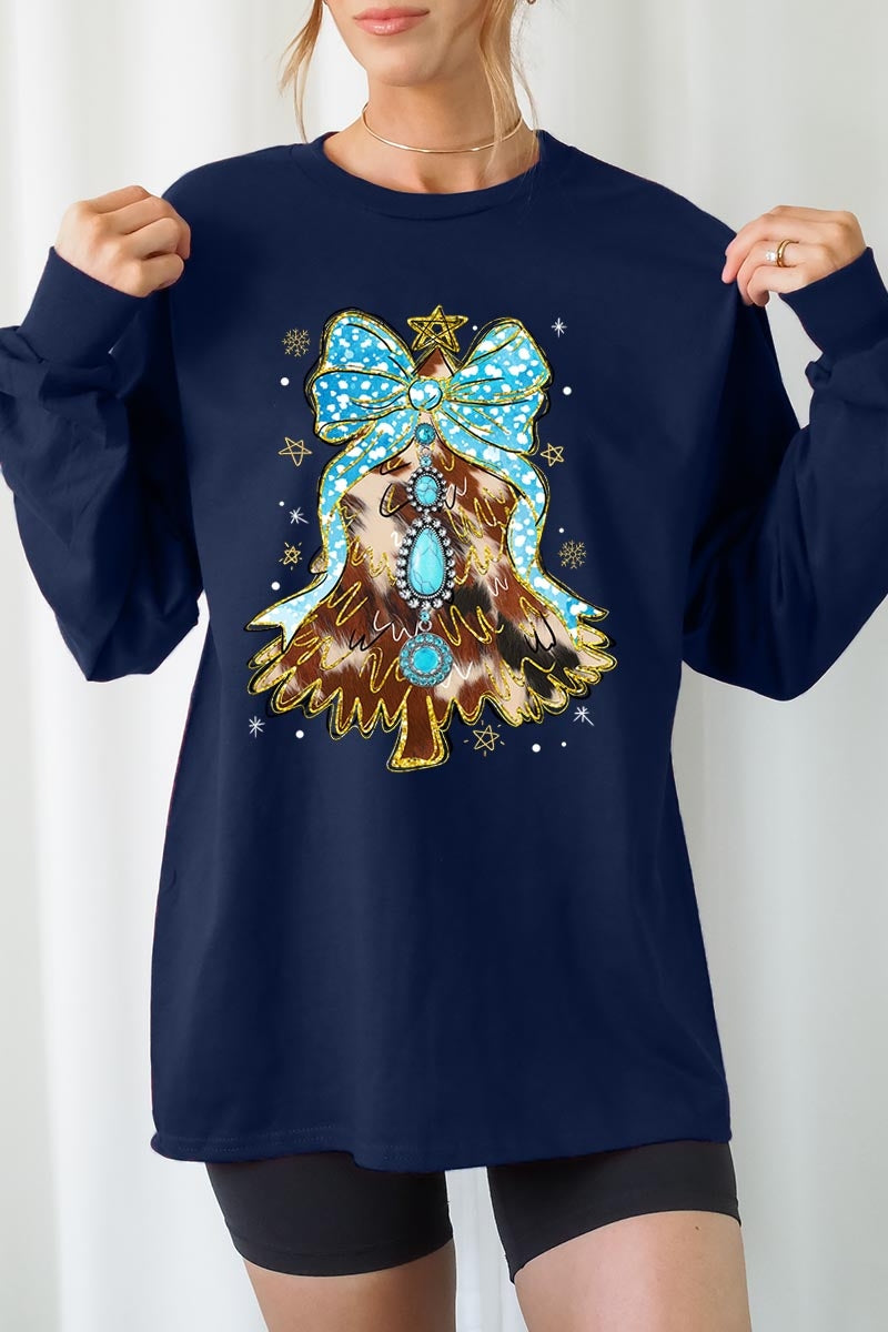 UL240-E3184 Turquoise Christmas Tree Graphic Long Sleeve Tee $13.75