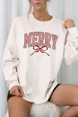 UL240-E3206 Plaid Merry Christmas Bow Graphic Long Sleeve Tee $13.75