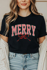 US3001-E3206 Plaid Merry Christmas Bow Graphic Tee $12.5