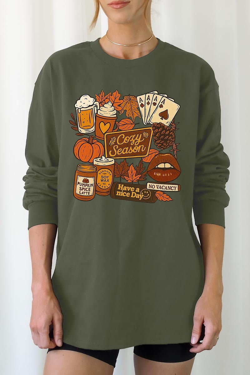 UL240-E3119 Retro Fall Collage Graphic Long Sleeve Tee $13.75