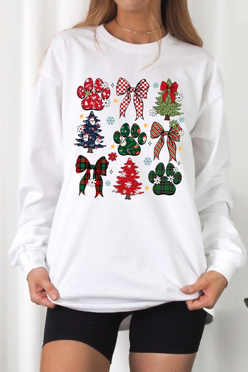 UL240-E3195 Christmas Bow Paw Graphic Long Sleeve Tee $13.75