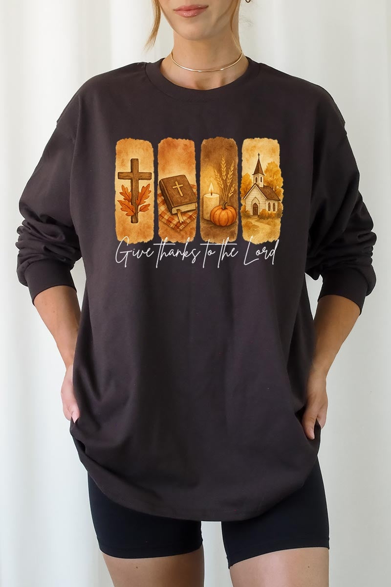 UL240-E3169 Give Thanks To The Lord Graphic Long Sleeve Tee $13.75
