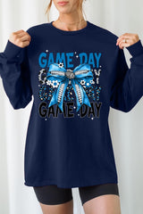 UL240-E3089 Blue Silver Football Game Day Bow Long Sleeve Tee $13.75
