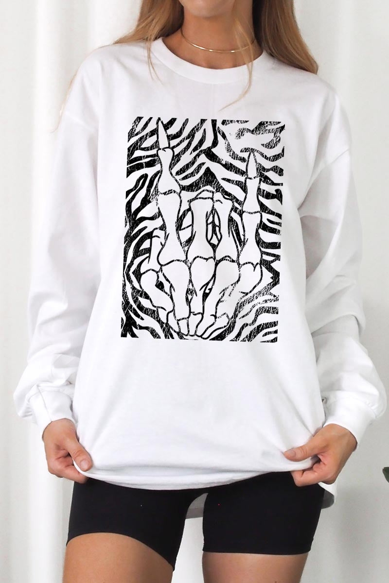 UL240-E3177 Skeleton Hands Zebra Graphic Long Sleeve Tee $13.75