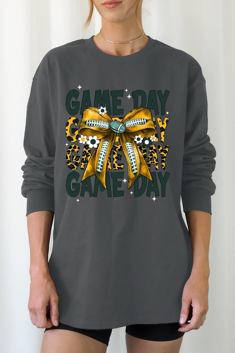 UL240-E3090 Yellow Football Game Day Bow Long Sleeve Tee $13.75