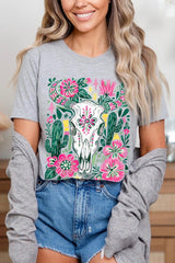 US3001-E3086 Western Floral Cow Skull Graphic Tee $12.5