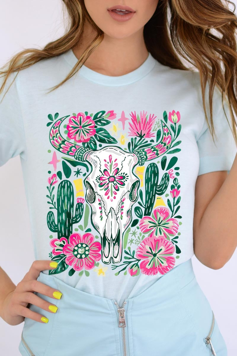 US3001-E3086 Western Floral Cow Skull Graphic Tee $12.5