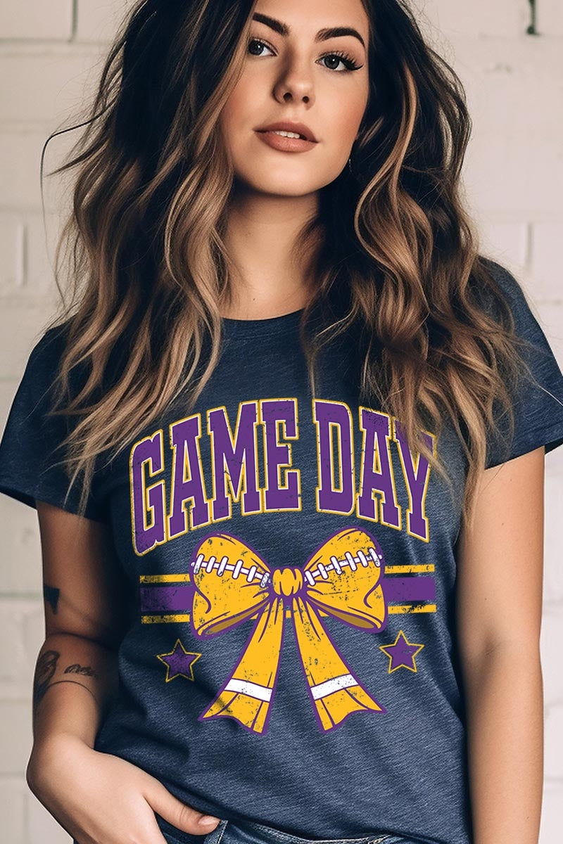 US3001-E3063 Purple Game Day Football Bow Graphic Tee $12.5
